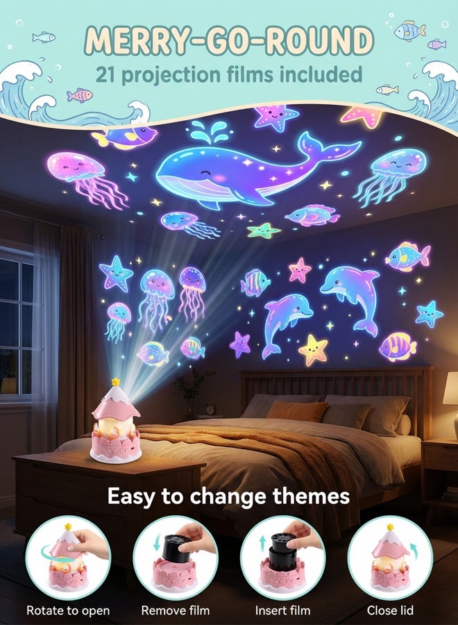 Joudiplay Carousel-Style Children's Projection Lamp - Pink - Plug-in Rotating - 21 Film Sets Featuring 3 light colours, starlit skies to lull little ones to sleep, enchanting unicorns, ocean scenes, birthday celebrations, educational themes + animals, and 21 other enchanting settings. A daily dose of romantic companionship, never repeating. - Image 3